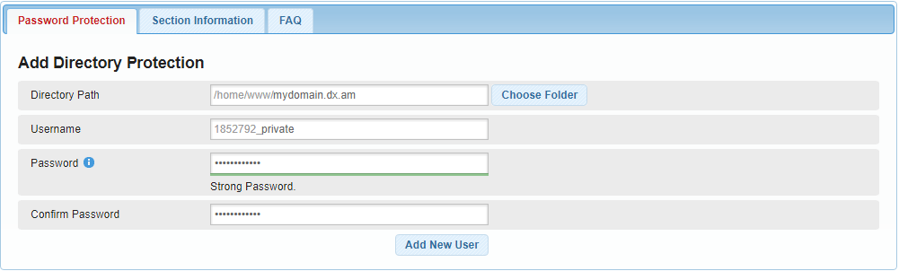 The Website Password Protection section of the Control Panel.