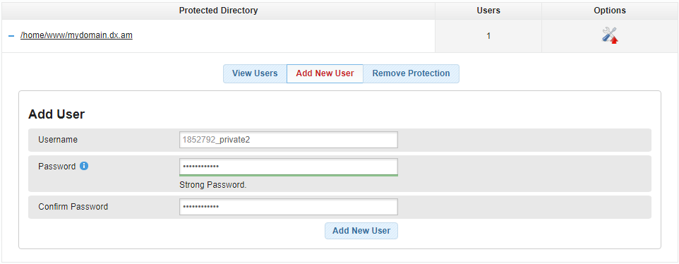 Adding new users in the website Password Protection section of the Control Panel.