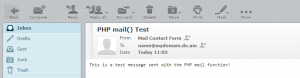 The PHP mail() function test script has successfully sent a message and it has arrived in the recipient's inbox.