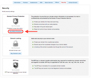 Clicking on the Buy Whois Protection button will initiate the Domain Privacy Protection buying process.