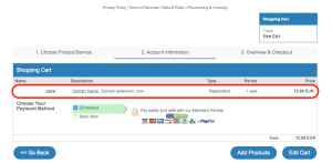 Initially your shopping cart will only contain your chosen domain name, WHOIS privacy protection will not get added automatically.