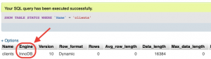 The results of the SHOW TABLE STATUS query. The Storage Engine type is highlighted.