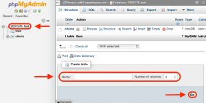 Creating a new table through the phpMyAdmin interface.