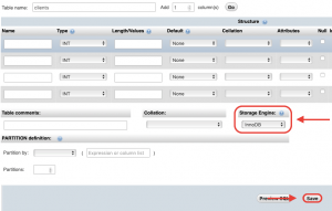 Creating a table with InnoDB as the storage engine is as simple as choosing InnoDB from the Storage Engine dropdown menu.