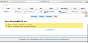 The Delete tab allows you to remove a database that you no longer need. You will be asked to confirm your choice when you click on the Delete Database button.