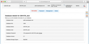 The Information tab contains the data you need to create a database connection string for your website.