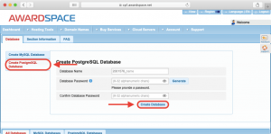 The Database Manager uses the same form to create MySQL and PostgreSQL databases. You can toggle between the two using the two options to the left.