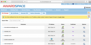 The SSL Manager provides a handy list of all hostnames on your account, so you can easily install and remove SSL certificates as needed.
