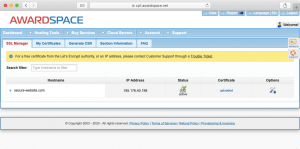 When you successfully upload your SSL certificate, the SSL Manager will show uploaded as the certificate type for your domain name.