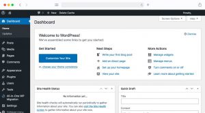 The WordPress Dashboard is the default page you land on once you log into the WordPress back-end.