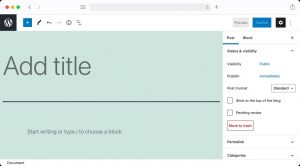 Gutenberg’s default view will present you with a top toolbar, a Block Settings sidebar, and plenty of space to work on your content.