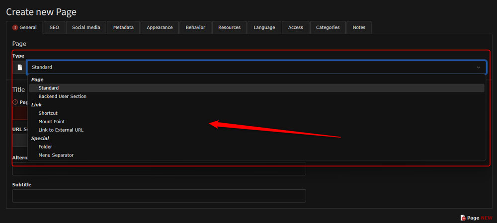 Select Page Type