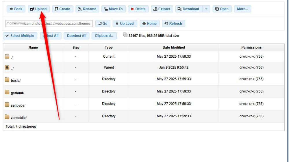 Click the Upload button to find and upload your Zenphoto theme 