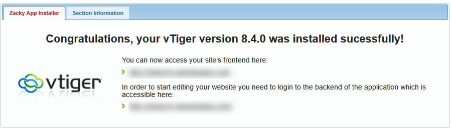 Vtiger installation confirmation message