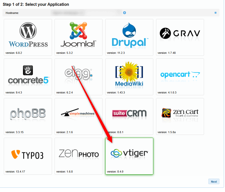 Select Vtiger icon to install the CMS 