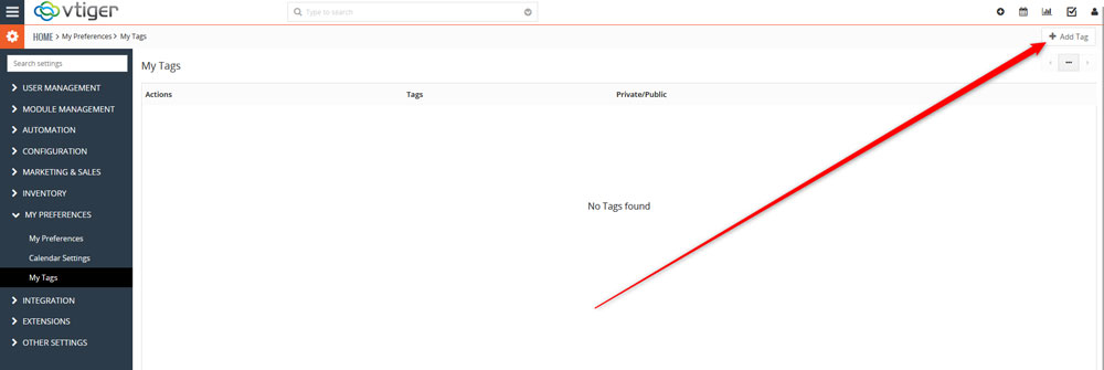 Add a new tag by clicking the button at the top of the page