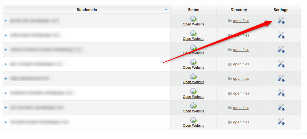 Click the settings icon, so you access the PHP options for your hosted domains