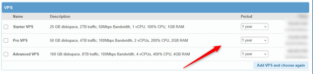 Select a billing period for your VPS hosting service