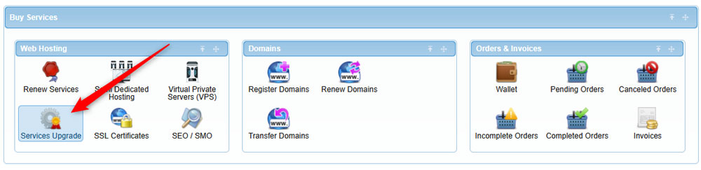 Head to the Services Upgrade option in AwardSpace hosting panel