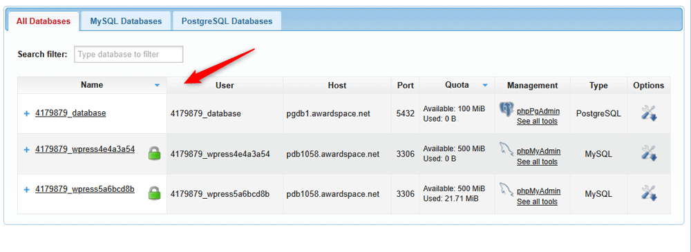 List of existing database entities