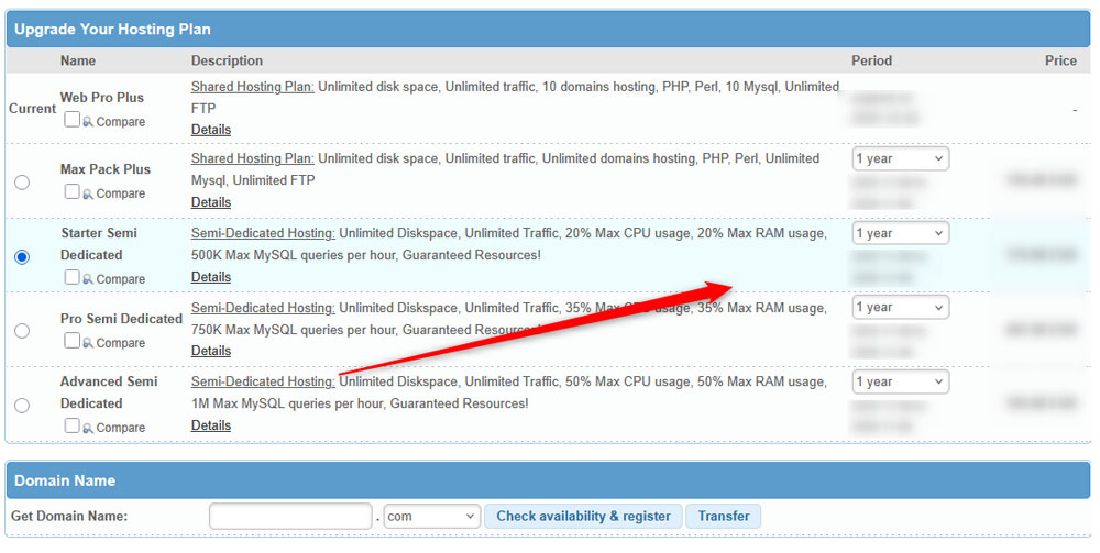 Select a billing period for your semi-dedicated hosting plan