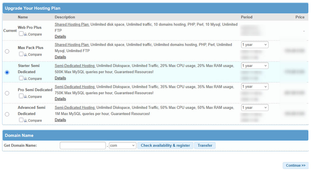 Choose what type of hosting upgrades you wish to purchase